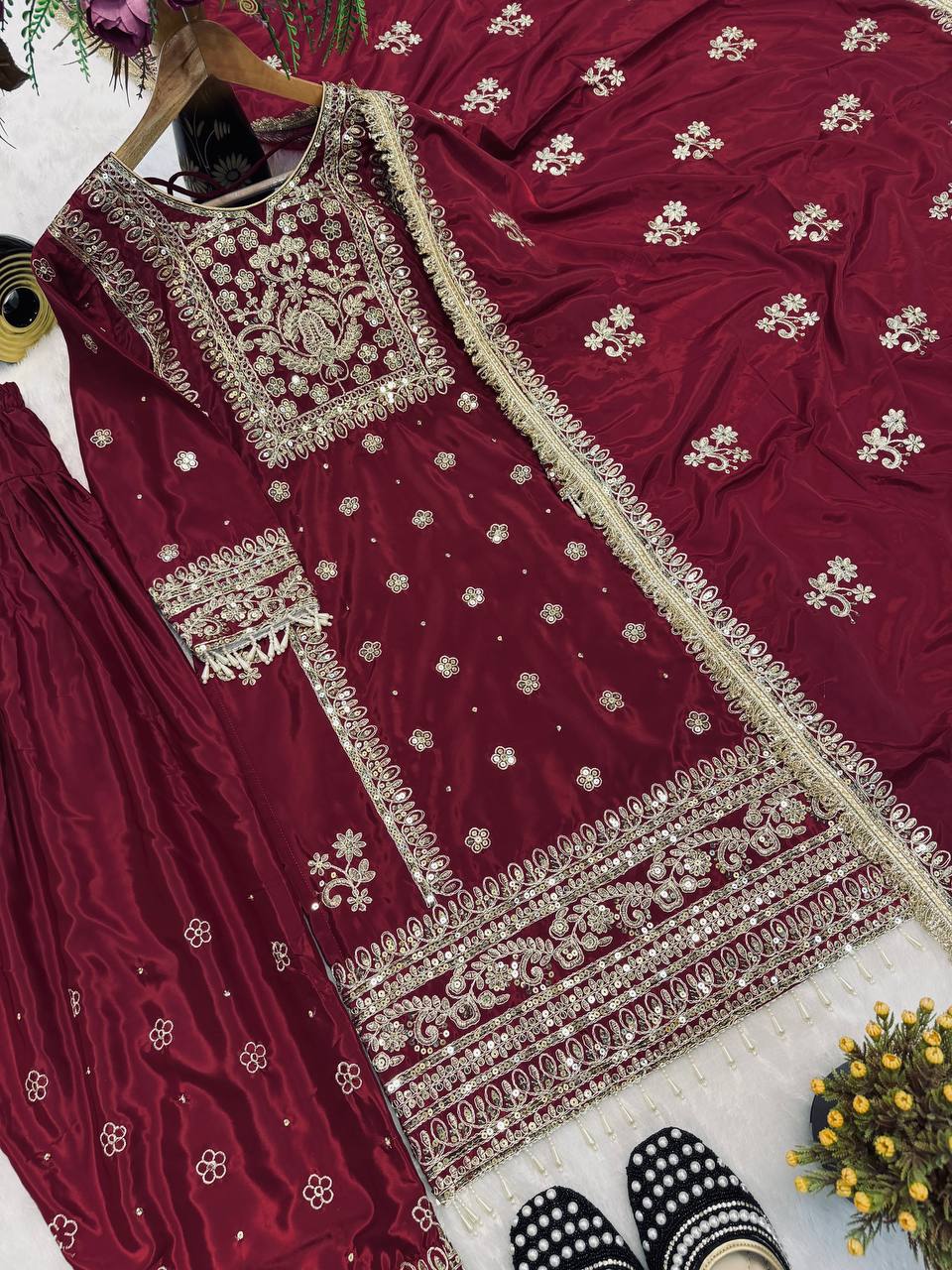 Deep Crimson Pearl-Trimmed Suit